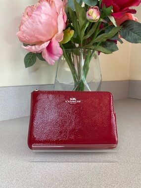 Coach Corner Zip Crinkle Red Patent Leather Wristlet